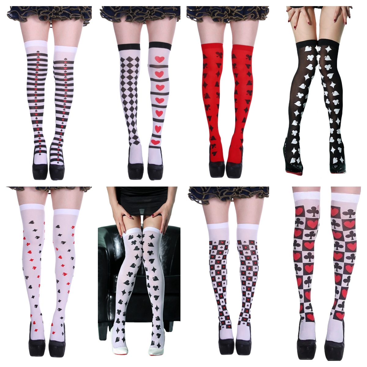Halloween Playing Card Pattern Thigh High Stockings Over Knee Socks